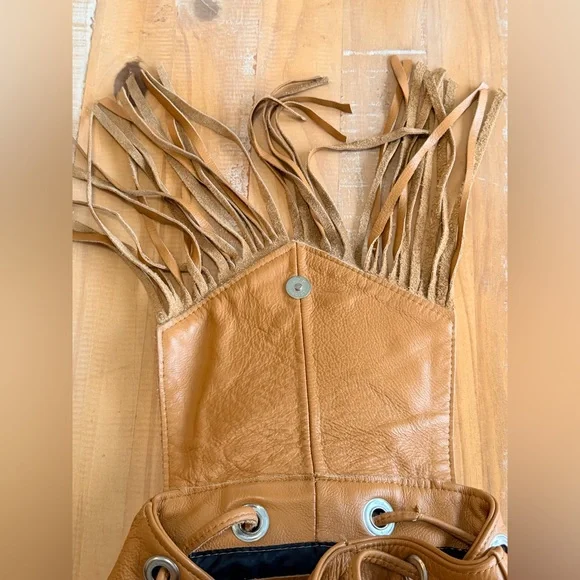 Genuine Leather Fringe Backpack Sling Bag Cognac Distressed  display picture 2